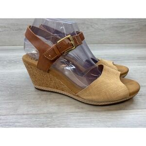 Clarks Collection Cushion Soft Tan Suede Brown Leather Cork Wedge Sandals 8.5